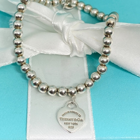 Tiffany Co. Silver 925 Blue Enamel Mini Heart Tag Charm 4mm Bead Ball Bracelet - Picture 4 of 8